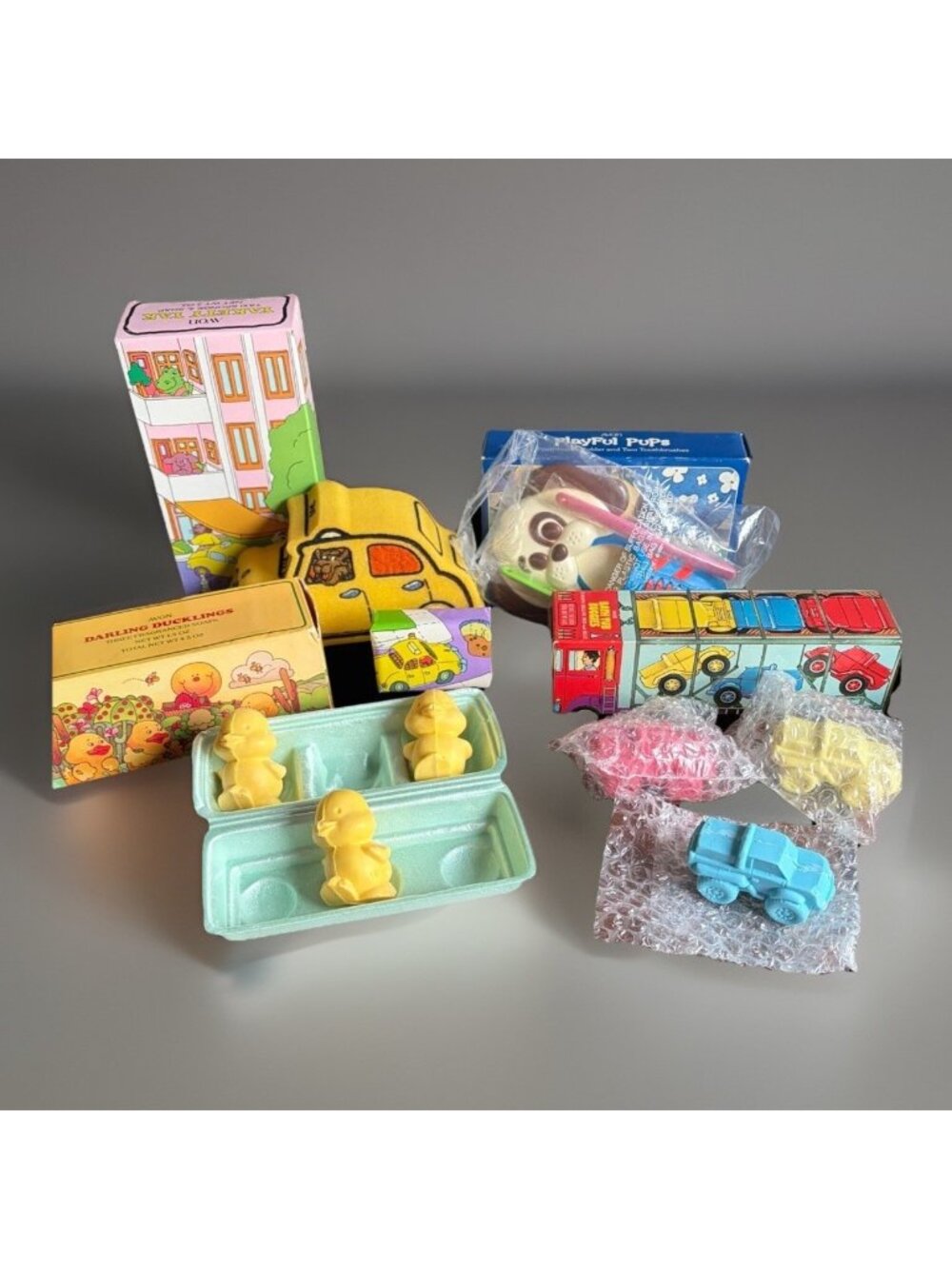 Bath Time Kids Soap Ducks Bathtub Buggies Playful Pup Cars Truck Sponge Avon Vtg